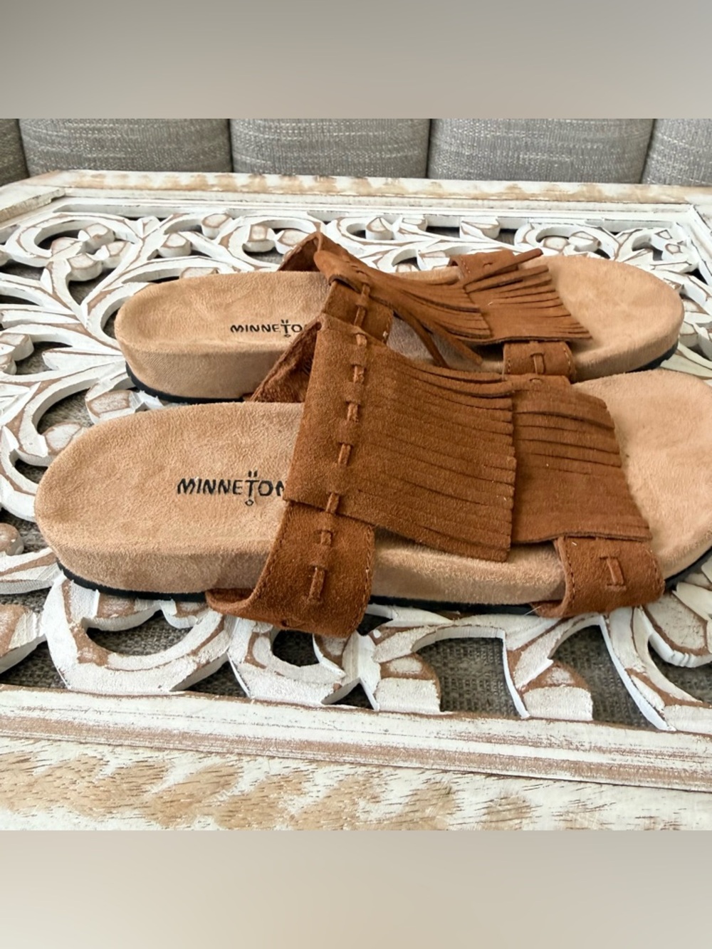 Minnetonka Brown Suede Leather Fringe Sandals Shoes Women’s 8 NEW - Picture 6 of 8